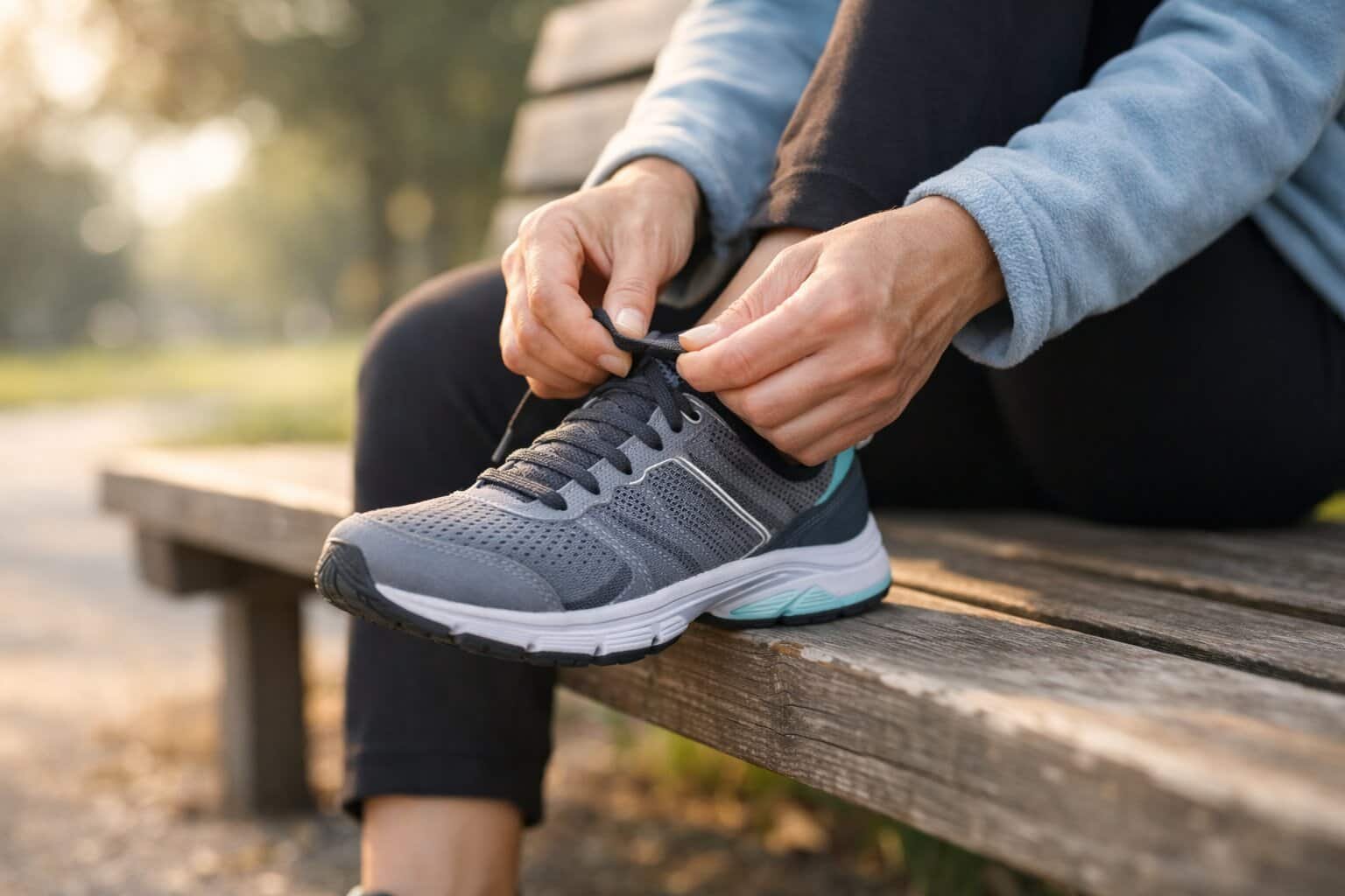 Tying shoes on a park bench